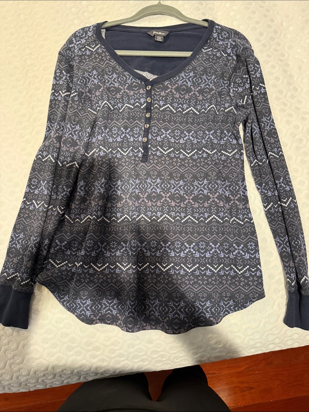 Eddie Bauer Navy and Light Blue Fair Isle Henley Long Sleeve Top
